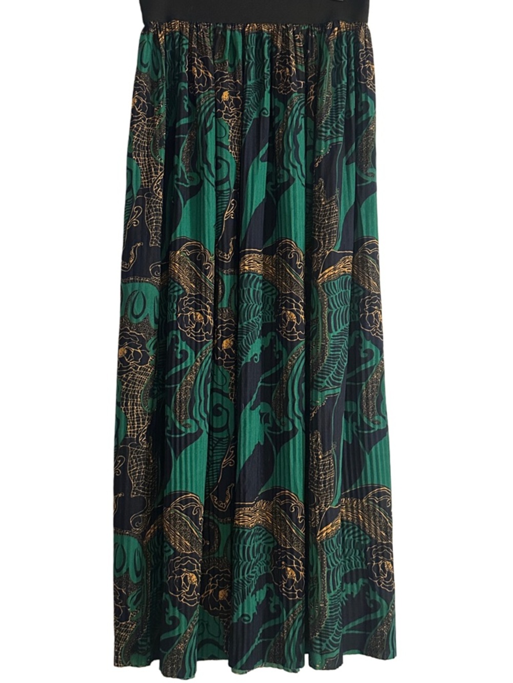 Green and Navy Pleated Maxi Skirt with Gold Accents